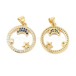 Brass Micro Pave Cubic Zirconia Pendants, Ring with Moon & Star Charms, Real 16K Gold Plated, 21x19x2mm, Hole: 4x3.5mm(ZIRC-L103-033G)