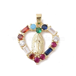 Brass Cubic Zirconia Pendants, Long-Lasting Plated, Heart with Holy Virgin Charms, Golden, Colorful, 27x25x3mm, Hole: 5x3mm(KK-Z050-11G-02)