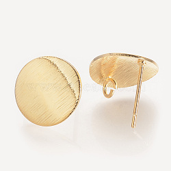 Brass Ear Stud Findings, with Loop, Flat Round, Nickel Free, Real 18K Gold Plated, 12mm, Hole: 2mm, pin: 0.5mm(KK-S336-15G)
