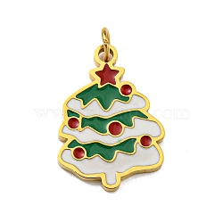 Christmas Theme Ion Plating(IP) 304 Stainless Steel Pendants, with Enamel and Jump Ring, Golden, Christmas Tree, 17x12x1mm, Hole: 2.5mm(STAS-O005-014B-G)