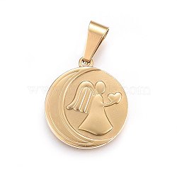 304 Stainless Steel Pendants, Flat Round with Moon and Angel, Golden, 28.5x25x3.5mm, Hole: 10x6mm(STAS-P211-25G)