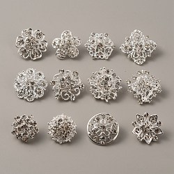 12Pcs 12 Style Rhinestone Flower Safety Pin Brooch, Silver Plated Alloy Badges for Backpack Clothes, Silver, 19.5~28.5x20~28.5x4~8mm, Pin: 0.8mm, 1Pc/style(JEWB-WH0029-25S)