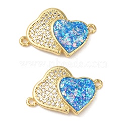 Rack Plating Brass Micro Pave Clear Cubic Zirconia Connector Charms, Double Heart Links with Synthetic Opal, Real 18K Gold Plated, Cadmium Free & Lead Free, Long-Lasting Plated, Dodger Blue, 15.5x23x2mm, Hole: 1.2mm(KK-P268-20G-03)