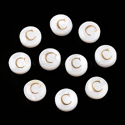 Natural Freshwater Shell Beads, with Golden Plated Brass Etched Metal Embellishments, Flat Round with Letter, Letter C, 7.5~8x4~5mm, Hole: 0.8mm(SHEL-N036-01C)