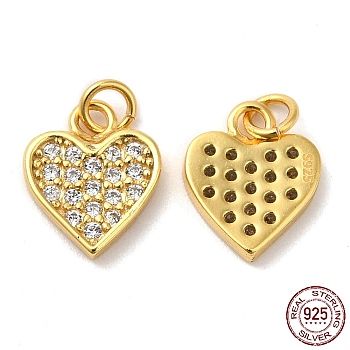 925 Sterling Silver Micro Pave Cubic Zirconia Charms, Heart Charm, with Jump Ring, Real 18K Gold Plated, 10x8x1.5mm, Hole: 2.3mm