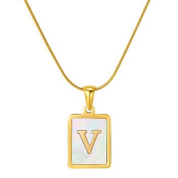 Stainless Steel Snake Bone Chain Alphabet Necklace with Shell Pendant, Letter V, Golden