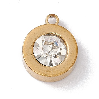 304 Stainless Steel Pendants, with Crystal Rhinestone, Flat Round, Golden, 12.5x10x5mm, Hole: 1mm