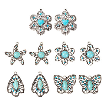 10Pcs 5 Styles Synthetic Turquoise Pendants, with Antique Silver Plated Alloy Rhinestone Findings, Mixed Shapes, 27.5~48x24.5~40.5x5.5~7mm, Hole: 1.8~2.5mm, 2pcs/style