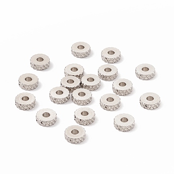 201 Stainless Steel Spacer Beads, Flat Round with Diamond Texture, Stainless Steel Color, 6x2mm, Hole: 2mm