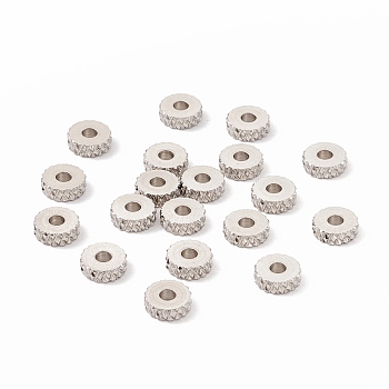 Non-Tarnish 201 Stainless Steel Spacer Beads, Flat Round with Diamond Texture, Stainless Steel Color, 6x2mm, Hole: 2mm