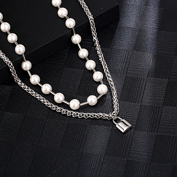 Stainless Steel Double-layer Necklace, Imitation Pearl Lock Pendant Necklaces for Unisex