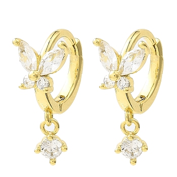 Butterfly Real 18K Gold Plated Brass Dangle Hoop Earrings, with Clear Cubic Zirconia, Long-Lasting Plated, Lead Free & Cadmium Free, Clear, 18x7.5mm