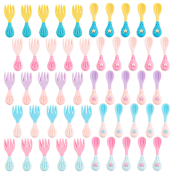 CREATCABIN 50Pcs 2 Style Resin Cabochons, Two Tone, Spoon with Star & Fork, Mixed Color, 32.6~33x11~28.6x5~7mm