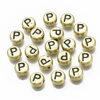Plating Acrylic Beads, Horizontal Hole, Flat Round with Letter, Golden Plated, Black, Letter.P, 7x4mm, Hole: 1.2mm.