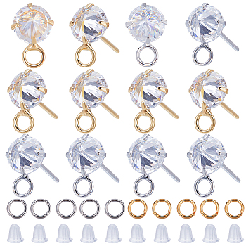 12Pcs 2 Color Brass Pave Clear Cubic Zirconia Cone Stud Earring Findings, with Horizontal Loops & 20Pcs 304 Stainless Steel Open Jump Rings & 50Pcs Plastic Ear Nuts, Real Gold Plated & Real Platinum Plated, 10x6.5mm, Hole: 2mm, 6Pcs/color