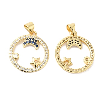Brass Micro Pave Cubic Zirconia Pendants, Ring with Moon & Star Charms, Real 16K Gold Plated, 21x19x2mm, Hole: 4x3.5mm