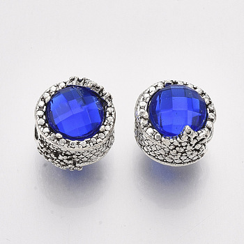 Antique Silver Plated Alloy European Beads, with Rhinestones, Large Hole Beads, Flat Round, Sapphire, 11x11.5mm, Hole: 4.5mm