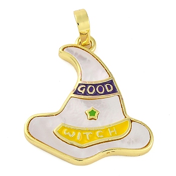 Halloween Theme Brass Enamel Pendants, with Pave Shell, Long-Lasting Plated, Real 18K Gold Plated, Witch Hat, 24x22x3mm, Hole: 3.5x6mm