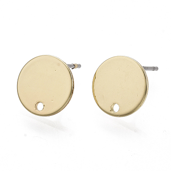 Smooth Surface Iron Stud Earring Findings, with Loop and Steel Pin, Flat Round, Light Gold, 10mm, Hole: 1.2mm, Pin: 0.7mm