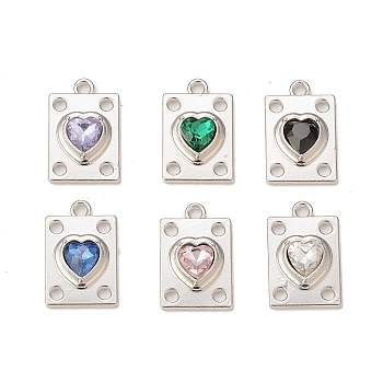 Rack Plating Alloy Glass Pendants, Platinum, Rectangle with Heart Charms, Mixed Color, 19.5x12.5x5mm, Hole: 1.8mm