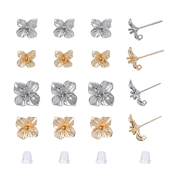 16Pcs 4 Style Brass Stud Earring Findings, with Vertical Loops and 20Pcs Plastic Ear Nuts, Flower, Platinum & Golden, 11x11mm and 15x15mm, Hole: 0.9~1mm, Pin: 0.8mm, 4Pcs/style