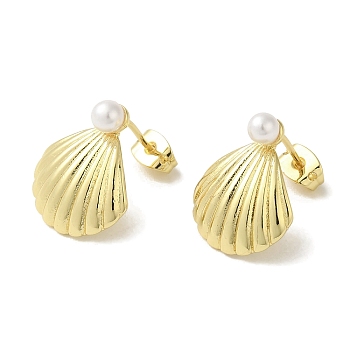 Rack Plating Brass & Round Glass Pearl Beach Shell Shaped Stud Earrings for Women, Cadmium Free & Lead Free, Long-Lasting Plated, Real 18K Gold Plated, 17.5x15mm