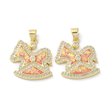 Brass Micro Pave Clear Cubic Zirconia Pendants, with Synthetic Opal, Real 18K Gold Plated, Horse, 20x19x2.7mm, Hole: 5x3.5mm