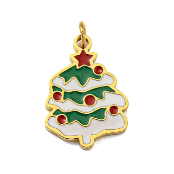 Christmas Theme Ion Plating(IP) 304 Stainless Steel Pendants, with Enamel and Jump Ring, Golden, Christmas Tree, 17x12x1mm, Hole: 2.5mm