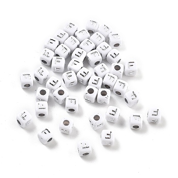 Opaque Acrylic Beads, Square with Letter, Silver Metal Enlaced, Letter F, 5x5x5mm, Hole: 2mm, about 5000ocs