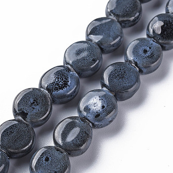 Handmade Porcelain Ceramic Beads Strands, Famille Rose Style, Flat Round, Midnight Blue, 12x7mm, Hole: 2mm, about 28~29pcs/strand, 12.28~12.72 inch(31.2~32.3cm)