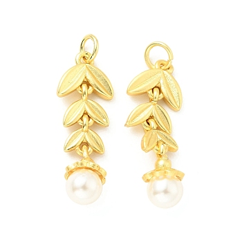 ABS Plastic Imitation Pearl Pendants, with Brass Findings and Jump Rings, Cadmium Free & Lead Free, Leaf & Round, Matte Gold Color, 30mm, Hole: 3.6mm