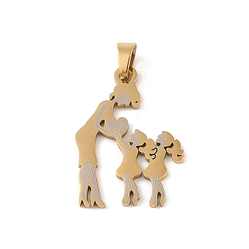 Mother's Day Ion Plating(IP) 304 Stainless Steel Pendants, Laser Cut, Mother and Two Daughters Charm, Real 18K Gold Plated, 32x22x1mm, Hole: 6x4mm