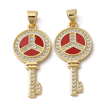 Brass Micro Pave Cubic Zirconia Pendants, with Shell, Key, Real 18K Gold Plated, 29x13.5x2mm, Hole: 4x3.5mm