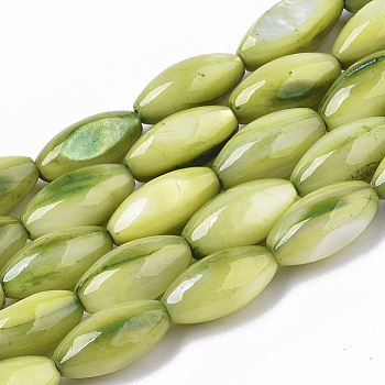 Natural Freshwater Shell Beads, Dye, Rice, Yellow Green, 11x5mm, Hole: 0.8mm, about 32 pcs/Strand, 13.98 inch(35.5cm)