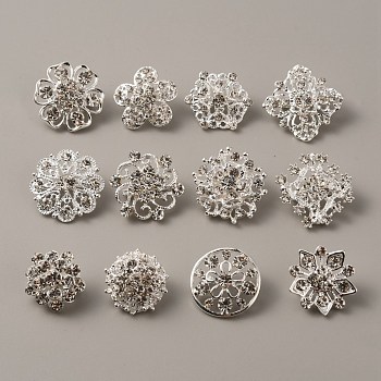 12Pcs 12 Style Rhinestone Flower Safety Pin Brooch, Silver Plated Alloy Badges for Backpack Clothes, Silver, 19.5~28.5x20~28.5x4~8mm, Pin: 0.8mm, 1Pc/style