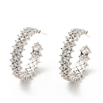 Cubic Zirconia C-Shaped Stud Earrings, Brass Half Hoop Earrings for Women, Cadmium Free & Lead Free, Platinum, 21.5x6mm, Pin: 0.7mm