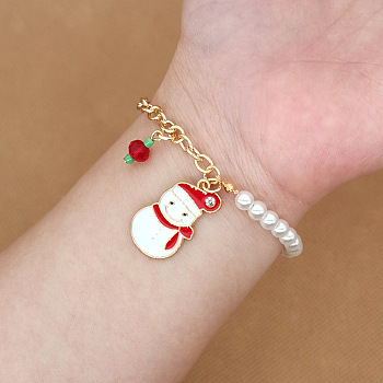 Christmas Jewelry, Alloy Enamel Charm Bracelets for Women, with Plastic Imitation Pearl, Snowman