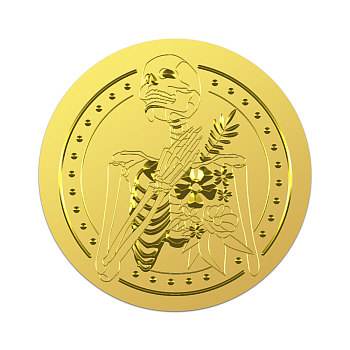 Self Adhesive Gold Foil Embossed Stickers, Medal Decoration Sticker, Skeleton, 5x5cm, 4pcs/sheet