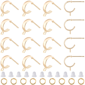 18Pcs Brass Round Stud Earrings Findings, Half Hoop Earring Findings with Horizontal Loops, with 40Pcs Plastic Ear Nuts, 20Pcs Brass Open Jump Rings, Real 18K Gold Plated, 13x3mm, Hole: 1.5mm, Pin: 0.8mm