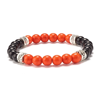 Round Synthetic Turquoise(Dyed) Beaded Stretch Bracelet for Women, Orange Red, Inner Diameter: 2-1/4 inch(5.8cm)