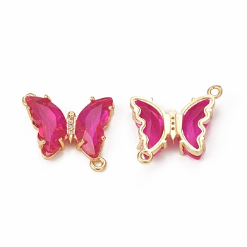 Glass Connector Charms, with Brass Findings, Butterfly, Fuchsia, 21x26x4mm, Hole: 1.5mm