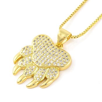 Brass Pave Clear Cubic Zirconia Pendant Necklaces for Women, Real 18K Gold Plated, Paw Print, 17.52 inch(44.5+5cm)