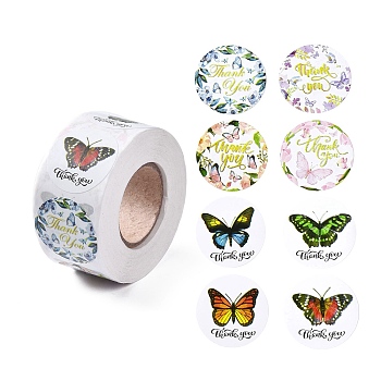 8 Patterns Butterfly Round Dot Self Adhesive Paper Stickers, Insect Thank You Gift Decals for Party, Decorative Presents, Colorful, 25mm, about 500pcs/roll