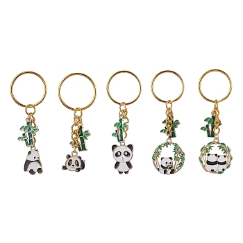 Panda & Bamboo Alloy Enamel Pendant Keychains, with Iron Split Key Rings, Golden, 6.5~75.5cm