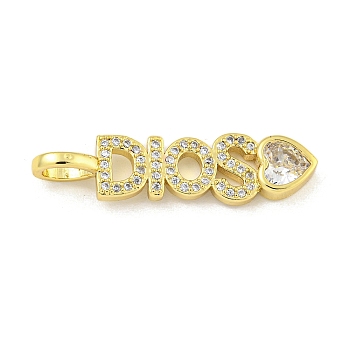 Word DIOS Rack Plating Brass Micro Pave Clear Cubic Zirconia Pendants, Cadmium Free & Lead Free, Real 18K Gold Plated, 29.5x7.5x3mm, Hole: 4.7x3.5mm