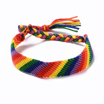 Rainbow Pride Bracelet, Stripe Pattern Braided Cord Bracelet for Men Women, Polyester Adjustable Bracelet, Colorful, Inner Diameter: 1-5/8~2-3/4 inch(4.2~7.15cm)
