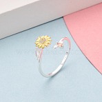 925 Sterling Silver Micro Pave Cubic Zirconia Open Cuff Rings for Women, Flower, with S925 Stamp, Golden & Silver, Inner Diameter: 17mm(STER-N016-138SG)