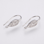 Brass Micro Pave Cubic Zirconia Earring Hooks, with Horizontal Loop, Leaf, Clear, Platinum, 21x6mm, Hole: 1.5mm, 20 Gauge, Pin: 0.8mm(ZIRC-K075-38P)