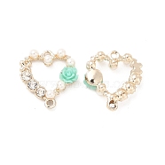 Alloy Crystal Rhinestone Connector Charms, Light Gold, with Resin, Heart Links with Flower, Aquamarine, 20.5x19x5mm, Hole: 1.6mm(PALLOY-E014-04LG-02)