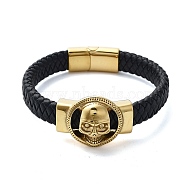 Men's Braided Black PU Leather Cord Bracelets, Skull 304 Stainless Steel Link Bracelets with Magnetic Clasps, Golden, 8-7/8 inch(22.5cm), 26.5mm(BJEW-K243-39A-G)